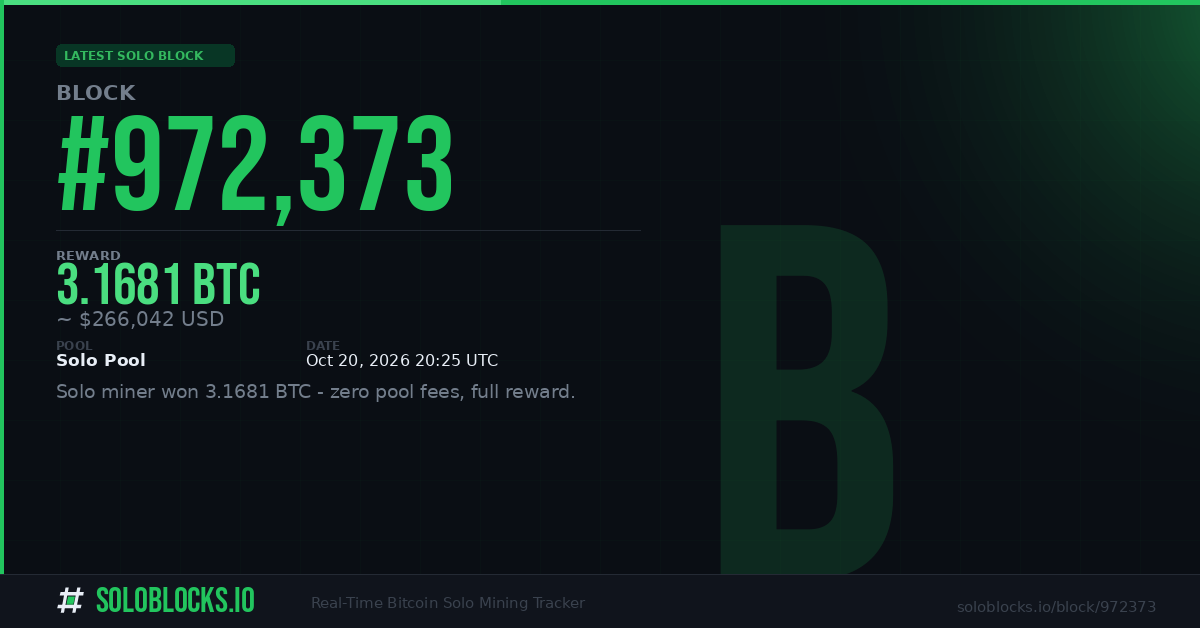 Block #972,373: Solo Mined via Solo Pool | SoloBlocks.io